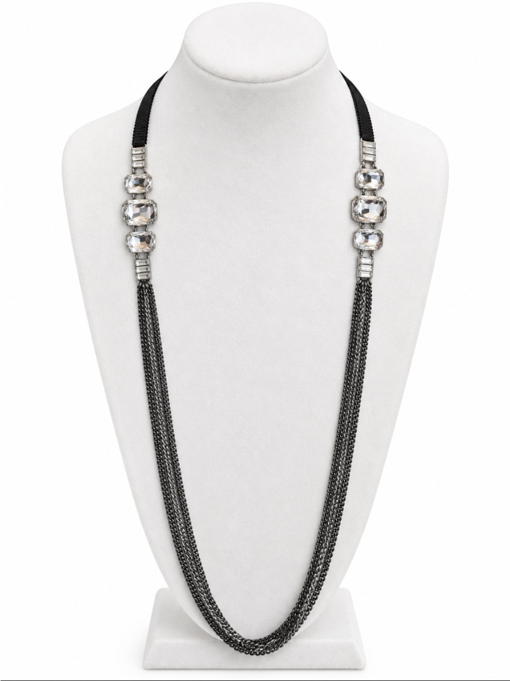 Long Black Chain Necklace with Clear Crystal Accents